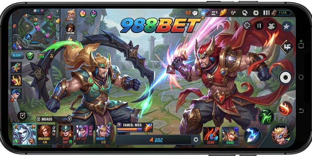 Tampilan gameplay mendebarkan di 988BET dengan karakter MOBA yang unik.