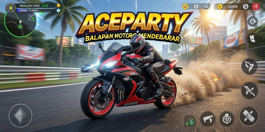 Gameplay menegangkan dalam ACEPARTY dengan pemandangan balapan motor.