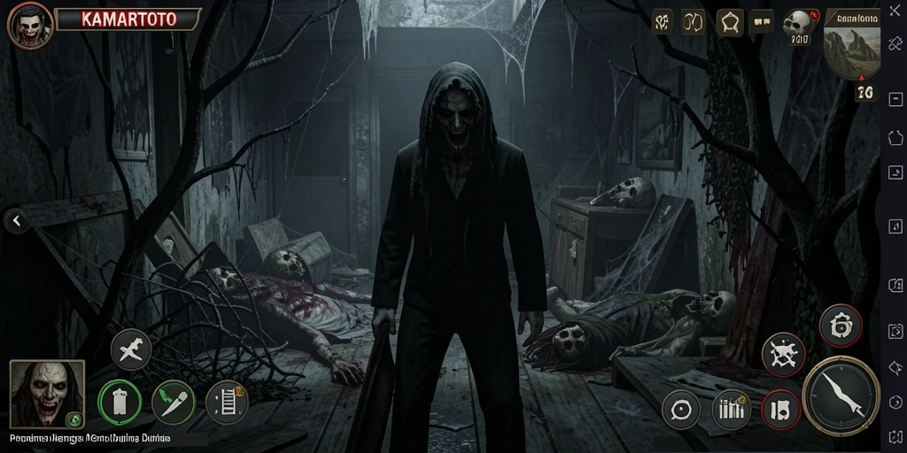 Screenshot gameplay KAMARTOTO yang menampilkan suasana menakutkan dan kegelapan.