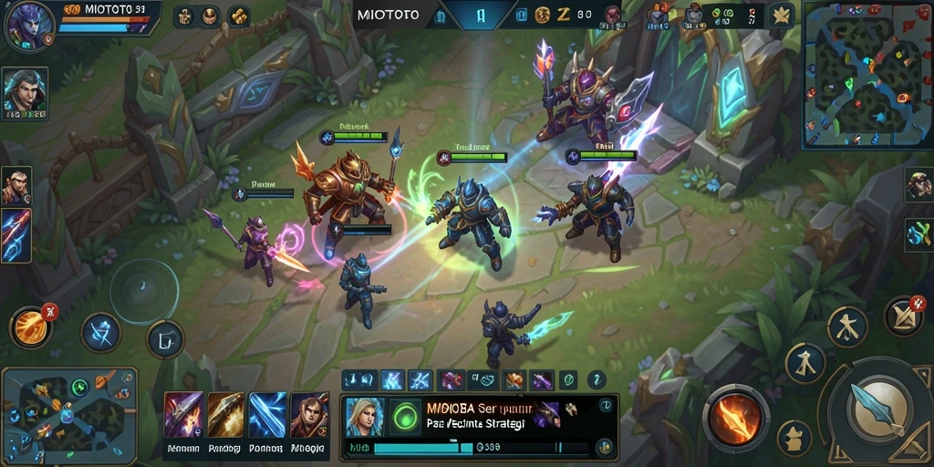 Screenshot gameplay MOBA MIOTOTO dengan pertarungan seru.